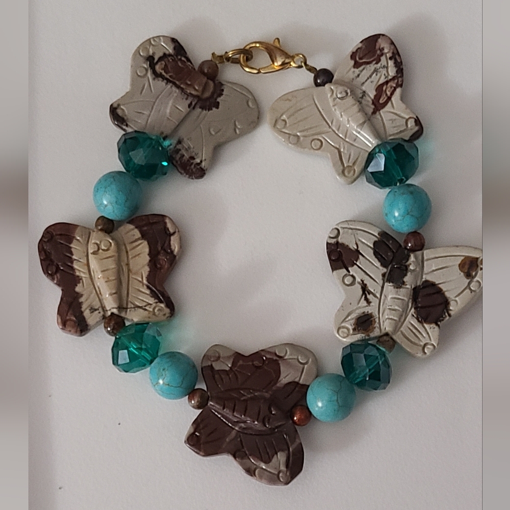 Apache Jasper Butterfly Hand Carved Bracelet Turquoise & Glass Beads Gemstones
